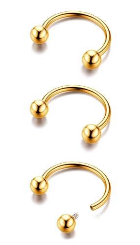 G23 Titanium 14/16/18/20G Septum Rings Horseshoe Nose Ring Jewelry | 2/3Pcs Circular Barbell Spike Lip Body Piercing Jewelry Conch Helix Tragus Earring Silver/Black 8/10/12mm 14K Gold Plated - color: Gold-3pcs, size: Balls-3pcs-20g-10mm