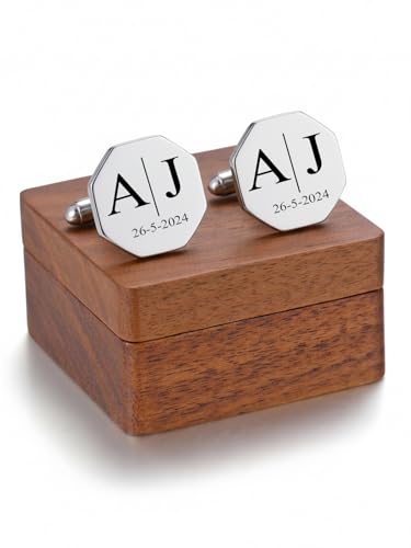 PiercingJ Custom Cufflinks for Men, Personalized Monogram Cufflinks for Groomsmen, Personalized Initial Cuff Links Wedding Gifts for Groom, Groomsmen, Father of Bride, Best Men Husband Dad - color: silver