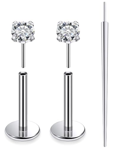 20G 18G 16G F136 Titanium Threadless Flat Back Earrings Nose Studs Tragus Forward Helix Conch Cartilage Lobe Earrings Medusa Labret Snake Bite Monroe Lip Ring Piercing Jewelry For Women Men - size: 16G-8MM Bar-CZ 2MM