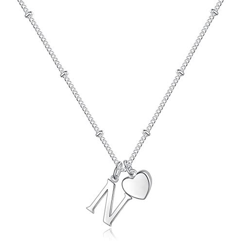 Heart Initial Necklaces for Girls, Letter A-Z Silver Necklace | Silver Plated, Heart Initial Necklaces for Girls, Necklace for Women, Teen Girl Gifts, Dainty Heart Necklaces, Birthday Gifts - color: N