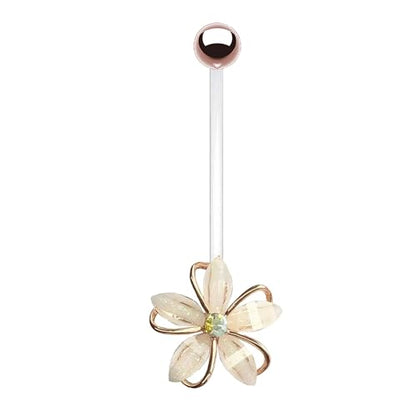 VERAMI 14G 38mm Pregnancy Belly Button Rings Flexible Bioplast Long Bar Flower Belly Rings for Maternity Clear Navel Piercing Retainer - color: Rose Gold-pink flower
