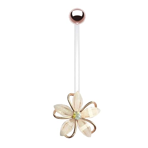 VERAMI 14G 38mm Pregnancy Belly Button Rings Flexible Bioplast Long Bar Flower Belly Rings for Maternity Clear Navel Piercing Retainer - color: Rose Gold-pink flower