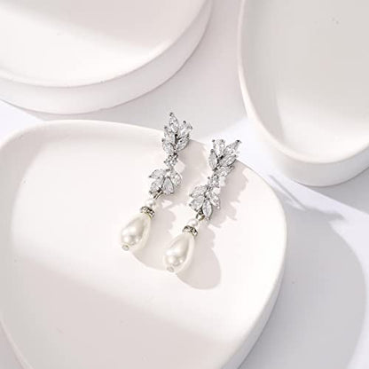 SWEETV Cubic Zirconia Pearl Drop Wedding Earrings for Brides, Ivory Bridal Pearl Earrings for Bridesmaid Jewelry Gift - color: 06.Style 6