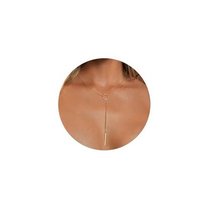 LULII Gold Necklace for Women Trendy Lariat Y Necklace Dainty 14k Gold Plated/Silver Long Necklaces for Women Layered Beaded Drop Necklaces Simple Y-Shaped Chain Jewelry Gifts - color: Circle Bar Y Necklace-Gold