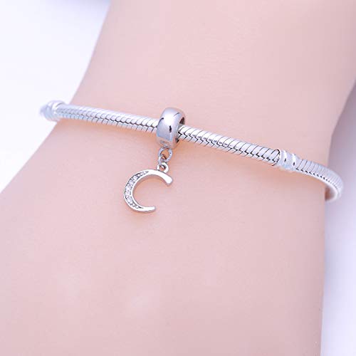 925 Sterling Silver Charms Alphabet Beads fit Pandora Charm Bracelets A-Z Letter Initial Spacer Dangle Clear CZ Stone Authentic for Snake Chain Bracelets - color: C