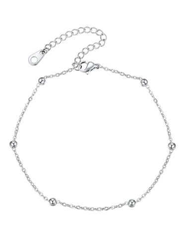 U7 Ankle Bracelets for Women Stainless Steel Waterproof Tarnish Resistant | 18K Gold Plated/Silver/Rose Gold Anklets, Cuban Chain Anklet Bracelets, Perfect for Summer Beach and Vacation Outfits - color: Stainless Steel-Bead Chain