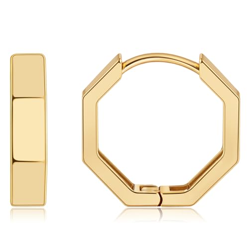 Gacimy Small Gold Huggie Hoop Earrings for Women | 14k Gold Plated, Small Hoop Earings for Women, 1/2 Inch Yellow Color Earrings - color: Gold, size: Octagon