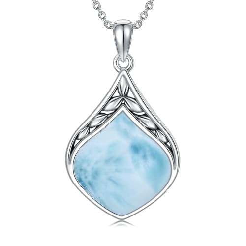 HPQQ Teardrop Necklace 925 Sterling Silver Vintage Natural Gemstone Pendant Jewelry Birthday Mothers Day Gifts for Women Mom - color: Larimar