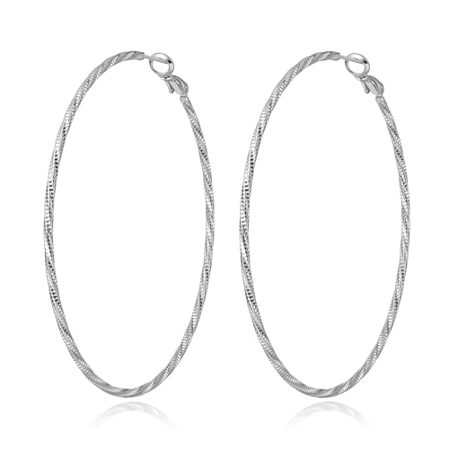 DAILY VIBES Dainty Thin Twisted Big Hoop Earrings for Women | 925 Sterling Silver Post, 14K Gold or Silver Plated Loop, Diamond-Cut Large Hoops, Hypoallergenic Hoop Earrings - color: Silver, size: 70mm