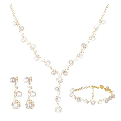 CAVETEE Jewelry Set - Prom Jewelry Crystal Bridal Necklace, Bracelet & Pendant Earring Jewelry Set for Women - style: Flower Pearl