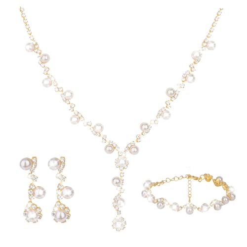 CAVETEE Jewelry Set - Prom Jewelry Crystal Bridal Necklace, Bracelet & Pendant Earring Jewelry Set for Women - style: Flower Pearl