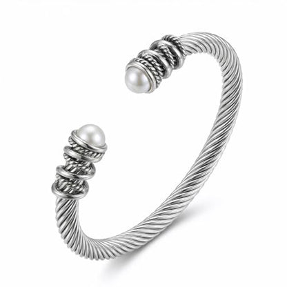 Stainless Steel Twisted Cable Wire Bracelet, Twisted Cable Bracelet with Composite Shell Pearl 6" Cuff Bracelets - color: Silver