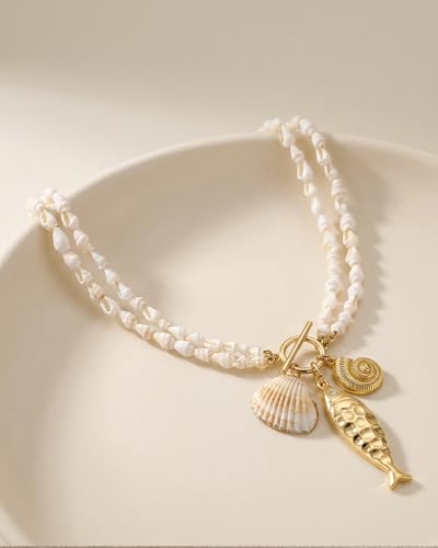 Chunky Gold Fish Pendant Necklace For Women Long Silk Scarf Turquoise Strand Necklace With Fish Pendants Boho Beach Shell Statement Necklaces - style: Shell Strand