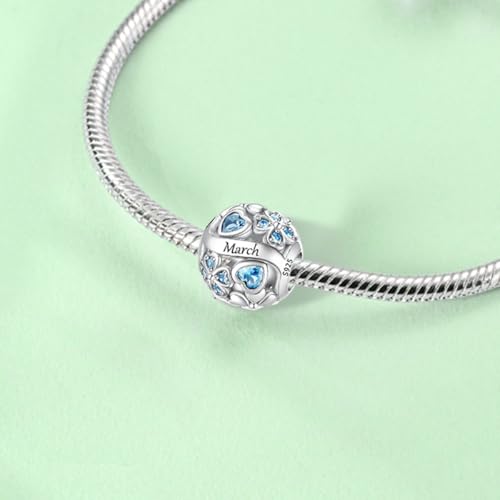 925 Sterling Silver Lucky Clover Birthstone Charms for Bracelets Dangle Pendant with 5A Cubic Zirconia Compatible Pandora Bracelets, Ladies Birthday Gift - style: 3-March