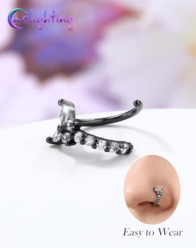 Melighting 20G Butterfly Nose Ring Hoop 8 mm Open Seamless Nose Piercing Jewelry Surgical Steel 316L, Twist Nostril Ring with Marquise and Round CZ, Silver Flower Body Piercing for Women - style: Butterfly Black