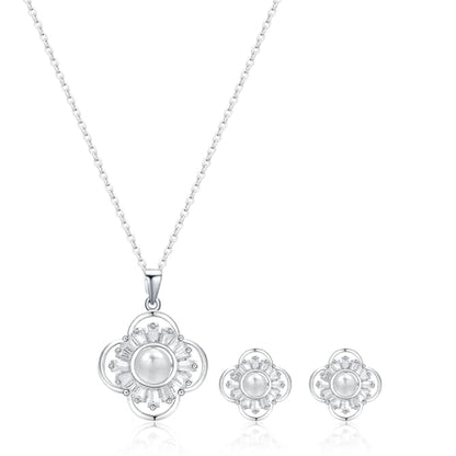 14K Gold Plated | 14K Platinum Plated Necklace for Women Necklace Earrings Set with Sparkling Zircon Inlay and Silver Post Earrings - color: Pearl flower silver suit