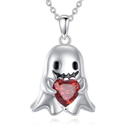 Halloween Necklace 925 Sterling Silver Black Rose Rib Cage Heart Pendant Necklace Halloween Jewelry Gifts for Women Gothic Party - style: Ghost