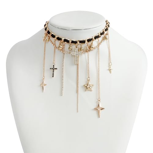 PLOUTOS Statement Layered Choker Necklace for Women Black Woven Chain With Charms And Dangles Plus-Shape Star Spike And Bar Pendants Adjustable Punk Y2K Style - color: Gold