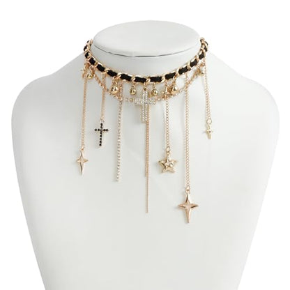 PLOUTOS Statement Layered Choker Necklace for Women Black Woven Chain With Charms And Dangles Plus-Shape Star Spike And Bar Pendants Adjustable Punk Y2K Style - color: Gold