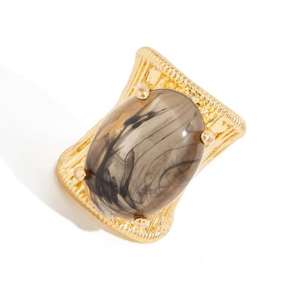 Geometric Open Ring, Adjustable Statement Rings with Non-Fading Hand-Marbled Resin Wide Band, Metallic Stripe Accent Finger - color: black gray