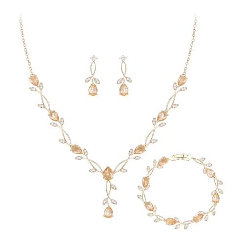 Crysdue Wedding Jewelry Set for Brides Bridesmaid, Cubic Zirconia Teardrop Marquise Leaf Cluster Pendant Necklace Bridal Tennis Bracelet Drop Earrings for Women Party Prom - style: A- CZ set-champagne, gold