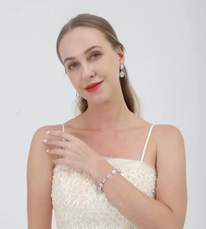 Bride Teardrop Earrings & Bracelet Wedding Jewelry Set, Cubic Zirconia Bridal Bridesmaid Party Formal Prom Gift - color: White Gold