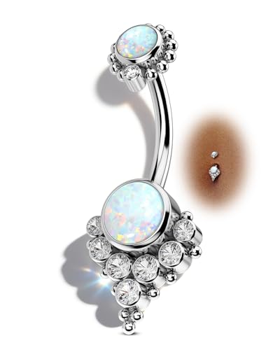 G23 Solid Titanium Belly Button Rings for Women Bezel Cluster 14G Implat-Grade Hypoallergenic Navel Rings Cute 14g Belly Rings - color: A-White Opal