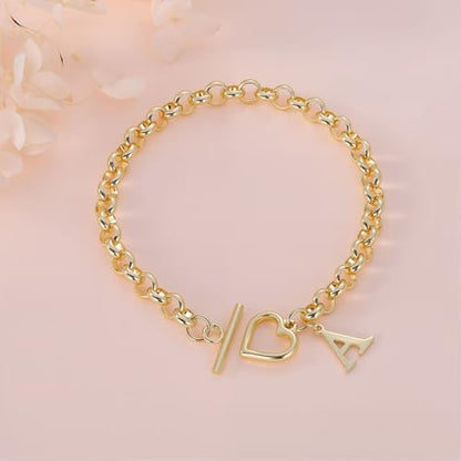 14K Gold Plated Stainless Steel A-Z Alphabet Letter Heart Bracelet | Non-Tarnish Dainty Charm with a Romantic Toggle Clasp Daily Fashion Jewelry, 7-inch Rolo Chain, Personalized Gift for Her - color: M