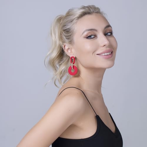 RUOFFETA Acrylic Rectangle Earrings, Fashion Acrylic Square/Oval/Hoop Statement Drop Earrings for Women - color: Red Round