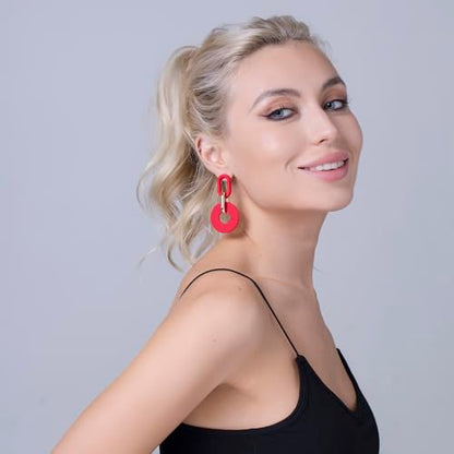 RUOFFETA Acrylic Rectangle Earrings, Fashion Acrylic Square/Oval/Hoop Statement Drop Earrings for Women - color: Red Round