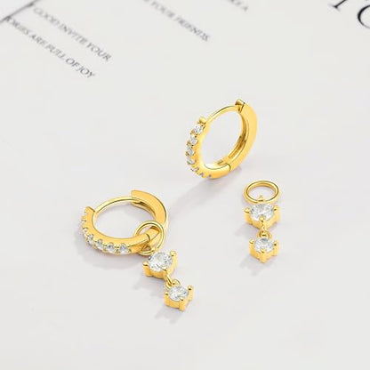 DAILY VIBES Cute Butterfly Star Cross Heart CZ Dangle Earrings for Women | 925 Sterling Silver Post, 14K Gold or Silver Plated, Mini Cubic Zirconia Dainty Drop, Cartilage Small Huggie Hoop Earrings - color: Gold Two Stones