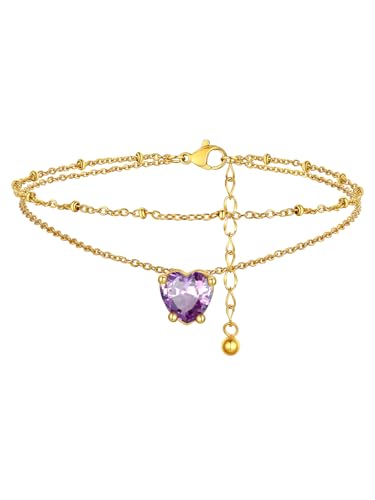 FindChic Bling Heart Birthstone Anklets Layered Beaded Ankle Bracelets for Women Gold/Black/Silver 12 Month Gem Colors Foot Chain Summer Jewelry for Girls, with Gift Box - color: Gold, style: 06. Jun.-Created Alexandrite(Prong Setting)