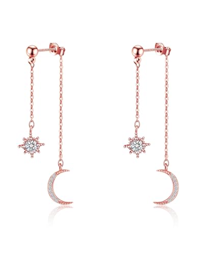 Moon and Star Dangle Earrings | Chain Tassel with Cubic Zirconia Drop Front and Back Earrings Celestial Jewelry for Wedding Gift - color: Rose Gold