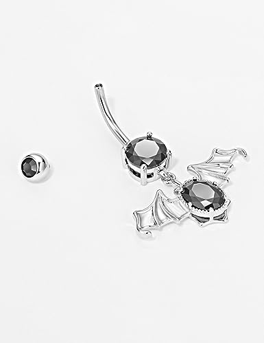 Belly Button Ring Dangle, Cross Belly Button Ring, Navel Piercing | 316L Surgical Steel, AAA+ Cubic Zirconia, Nickel-Free, Hypoallergenic, Multi-Style, 14 Gauge 10 mm Screw On Piercing Stud - style: Dangling Black Bat