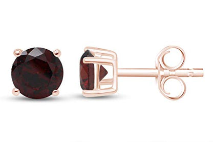 Birthstone Stud Earrings for Women 4MM Round Simulated Gemstone Studs | Push Back Earrings In 14K Gold Over Sterling Silver - color: January - Garnet