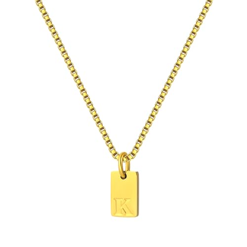 Gold Plated Square Initial Necklace Waterproof A-Z Letter Pendant on Thin Chain - Dainty, Stackable Jewelry for Women - color: Golden-K, size: F