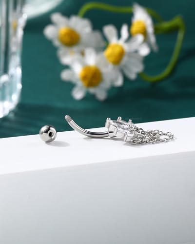 COCHARM 14G Lotus Belly Button Rings Dangle Belly Navel Rings for Women Surgical Steel Navel Piercing jewelry - color: WG-10MM