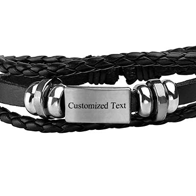 5 Pcs Braided Leather Bracelets for Men Women Woven Cuff Bracelet Adjustable - color: Black(Engraved)