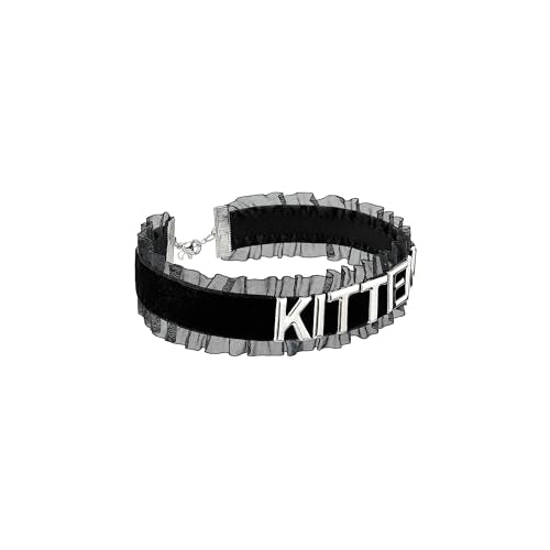 Women's Black Velvet Lace Letter Choker Collar for Halloween, 15-inch | Made of Velvet Lace Ribbon and Silver Letter Charms, Lobster-claw Closure, Daily Gothic Style, Avoid Water & Perfume - color: KITTEN