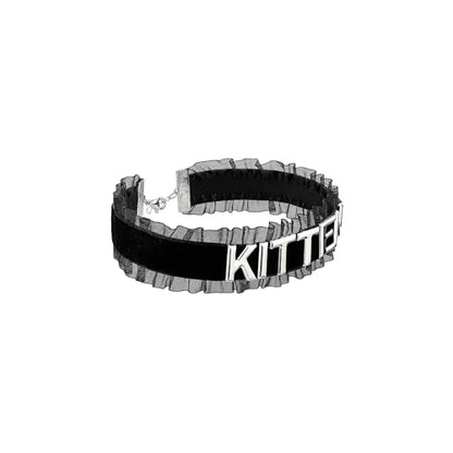 Women's Black Velvet Lace Letter Choker Collar for Halloween, 15-inch | Made of Velvet Lace Ribbon and Silver Letter Charms, Lobster-claw Closure, Daily Gothic Style, Avoid Water & Perfume - color: KITTEN