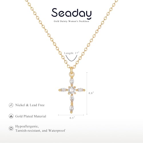 SEADAY Layered Gold Necklace for Women, 3-in-1 Gold Stack Necklace | Long Gold Necklace, Square, Hypoallergenic, Tarnish-resistant & Adjustable, Fashion Jewelry Gift Box & Gift Bag - color: Gold - Diamond Cross S/V