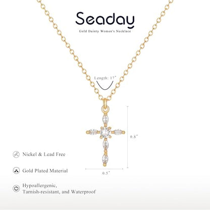 SEADAY Layered Gold Necklace for Women, 3-in-1 Gold Stack Necklace | Long Gold Necklace, Square, Hypoallergenic, Tarnish-resistant & Adjustable, Fashion Jewelry Gift Box & Gift Bag - color: Gold - Diamond Cross S/V