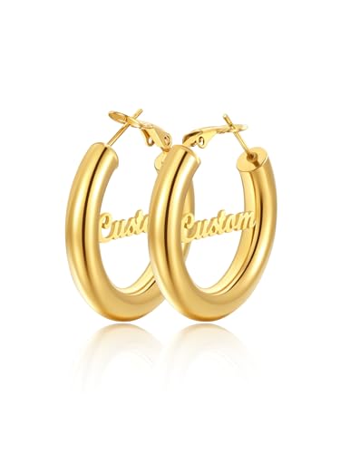 FindChic Hoop Earrings for Women, Silver/Black/14K Gold Plated Hypoallergenic Hollow Round Tube Loop Earrings, 20mm/30mm/40mm/60mm/80mm Chunky Hoops with Custom Name Options & Gift Box - color: f.Gold (Custom Name), size: 30MM