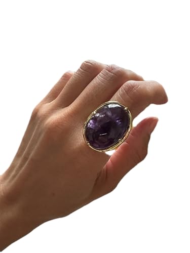 Natural Stone Adjustable Finger Rings Semi Precious Oval Shaped Gemstone Jewelry For Women Anniversary Birthday Wedding Gift - color: Amethyst