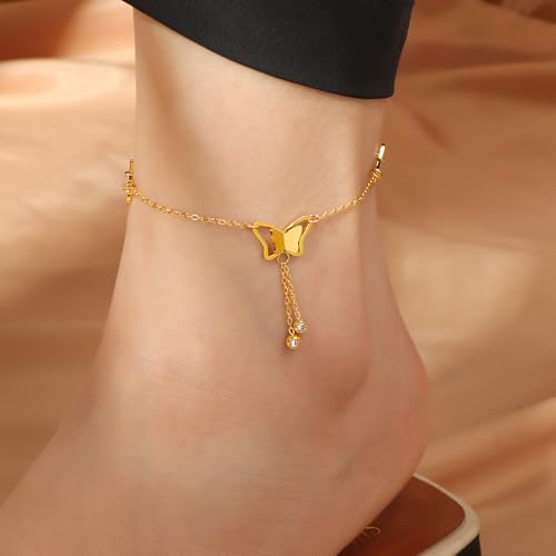 Dainty Gold Anklets for Women Stainless Steel Simple Ankle Bracelets Summer Beach Foot Chain Jewelry Gift - color: Butterfly Tassels