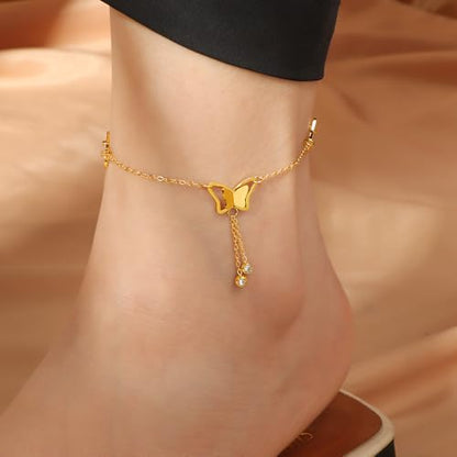 Dainty Gold Anklets for Women Stainless Steel Simple Ankle Bracelets Summer Beach Foot Chain Jewelry Gift - color: Butterfly Tassels