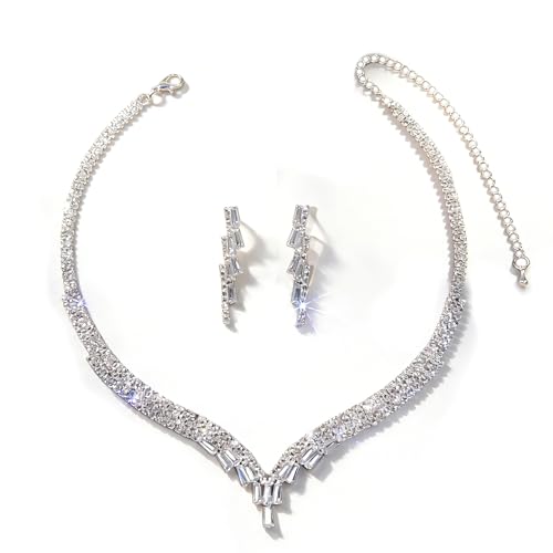 Women's Fashion Jewelry Rhinestone Zircon Necklace and Earring Set Formal Ball Gown Accessories Silver Floral Pendant Bridal Wedding Jewelry Suitable for Weddings, Balls, Banquets, and All Special Occasions - style: GST003