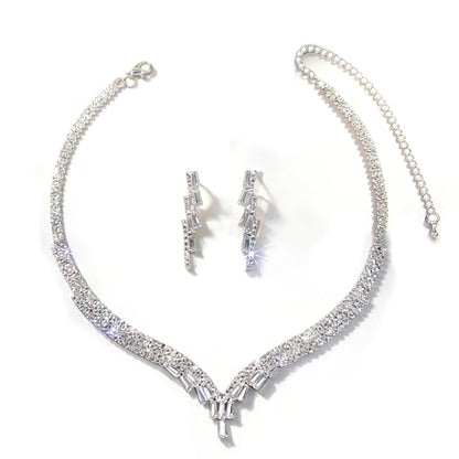 Women's Fashion Jewelry Rhinestone Zircon Necklace and Earring Set Formal Ball Gown Accessories Silver Floral Pendant Bridal Wedding Jewelry Suitable for Weddings, Balls, Banquets, and All Special Occasions - style: GST003