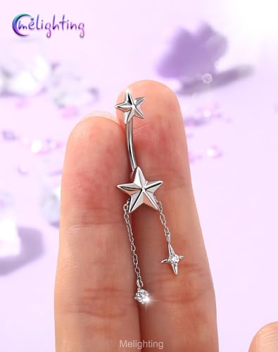 Melighting 14G Gold Belly Button Ring Dangle Chain, 10 mm Stainless Steel Belly Piercing Jewelry with CZ Heart Star Design, Cute Silver Navel Ring for Beach Daily Wear Women - color: Steel Star