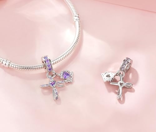 Silver Cross Birthstones Charm Fit for Pandora Charms Bracelet Crown Dangle Charms Beads Birthday Jewelry Gifts for Women - style: February